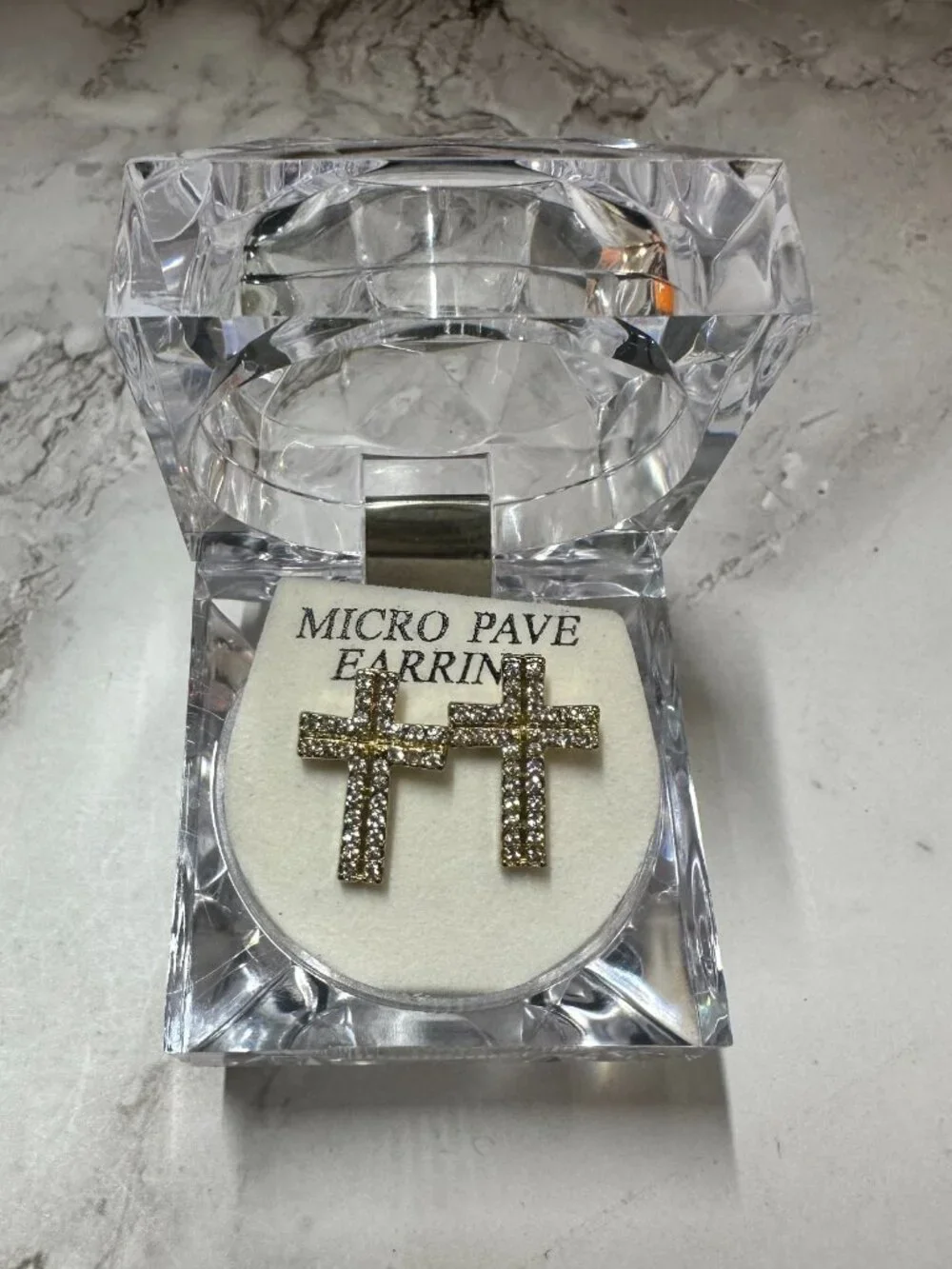 3/$30 Cross Stud Earrings Gold Tone CZ Micro Pave Men Women Pierced 1 Inch